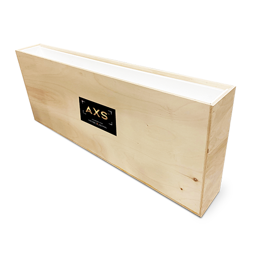 Rectangular wood crate with AXS sticker on outside