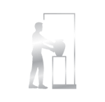 Illustration of person setting a vase on a pedestal inside an exhibit case