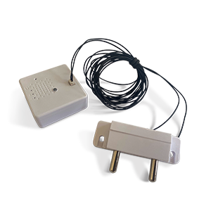 Rectangular box connected to water sensor with two metal prongs