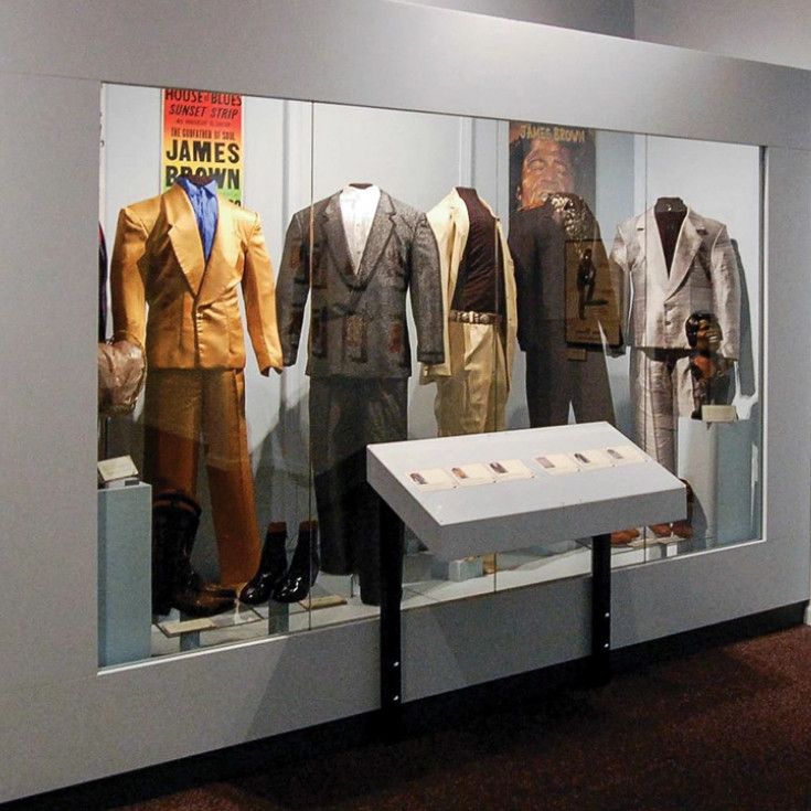 Series of dressed mannequins in large exhibit case