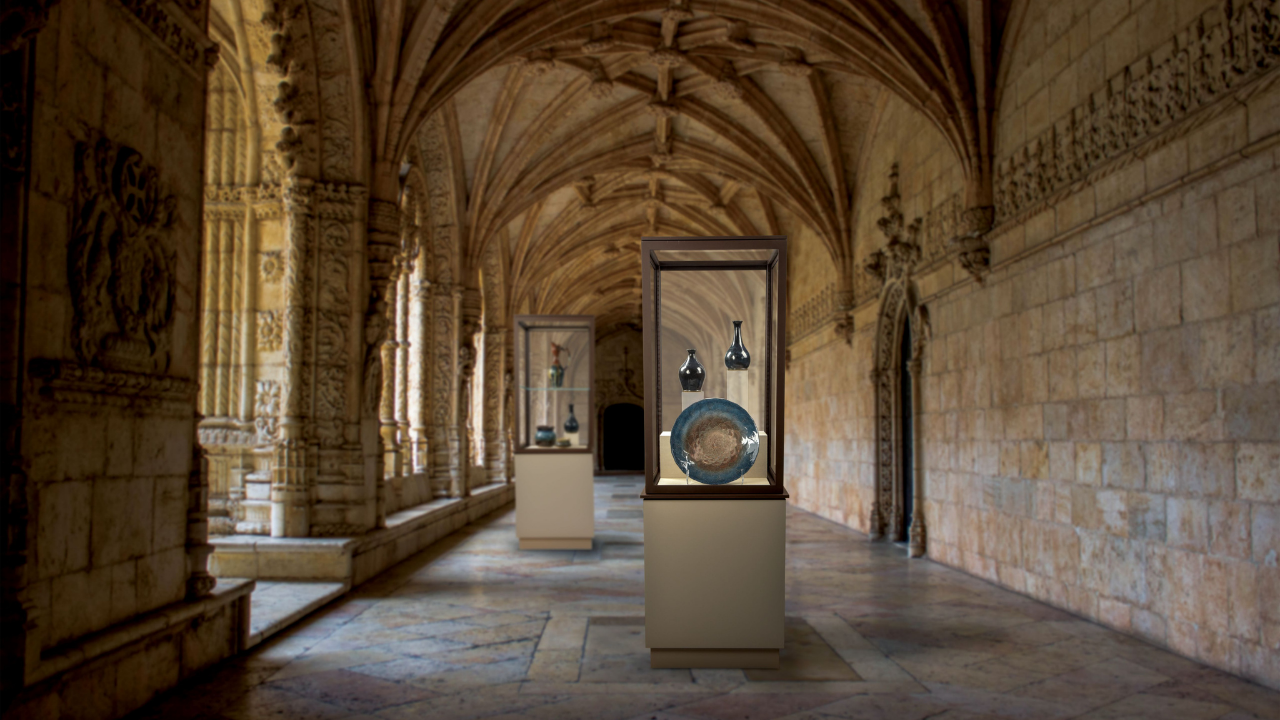Glass pedestal case in brown stone hallway